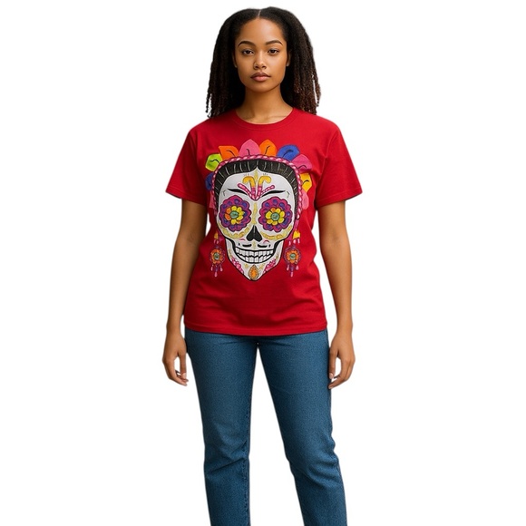 Día de los muertos T shirt, Red T shirt, Women’s T shirt, Skull T Shirt, Red Top - Picture 2 of 7